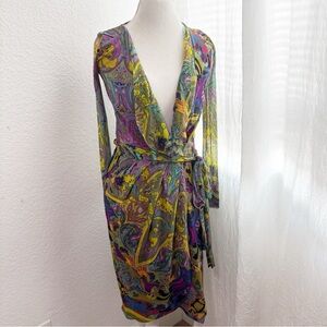 Fuzzi Italy Mesh Wrap Dress XS Multicolor Abstract Print Sheer Long Sleeve